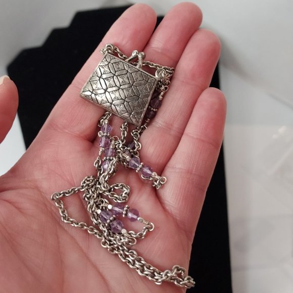 Sterling Silver Amethyst marcasite purse locket Necklace - Picture 7 of 7